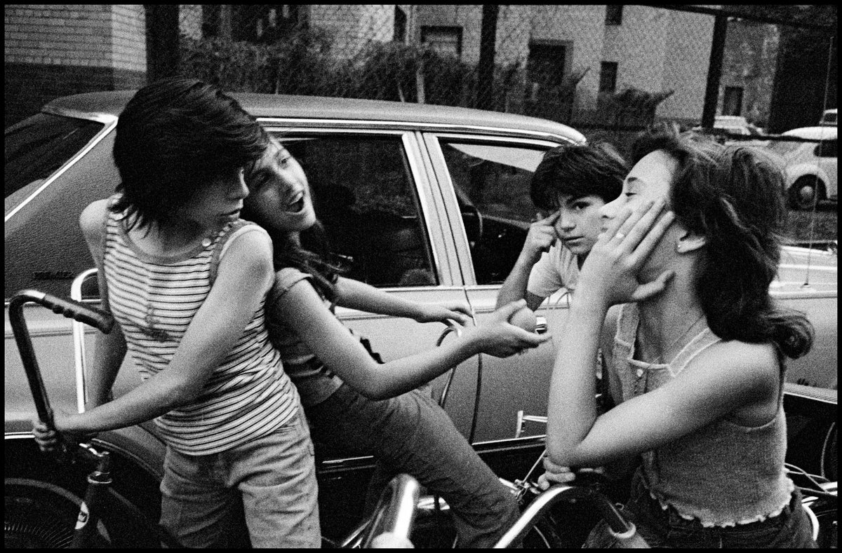 Fine Print: Dee, JoJo. Frankie and Lisa after school on Prince Street. Little Italy, New York City, USA, 1976